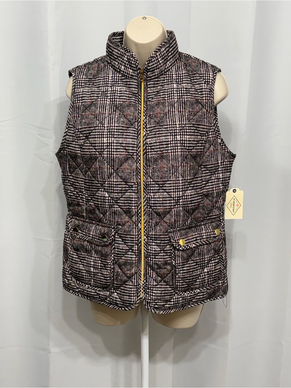 St. John's Bay Womens Multicolor Plaid Full Zip Sleeveless Comfort Puffer Vest M